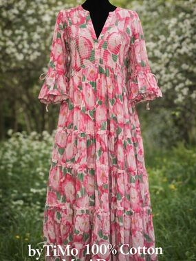 NWT byTiMo Pink Floral Maxi Dress XL 100% Cotton Cottagecore Prairie Boho Tiered